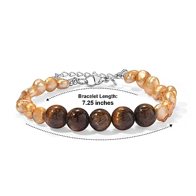 EverTrue Yellow Pearl (D) and Tiger's Eye 30.00 ctw Bracelet in Stainless Steel (7.25-9.25In)