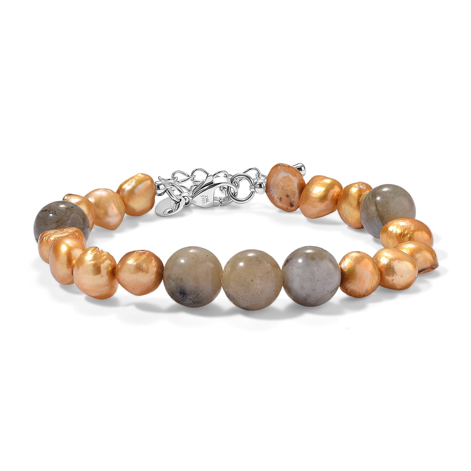 EverTrue Yellow Pearl (D) and Malagasy Labradorite 40.00 ctw Bracelet Stainless Steel (7.25-9.25In)