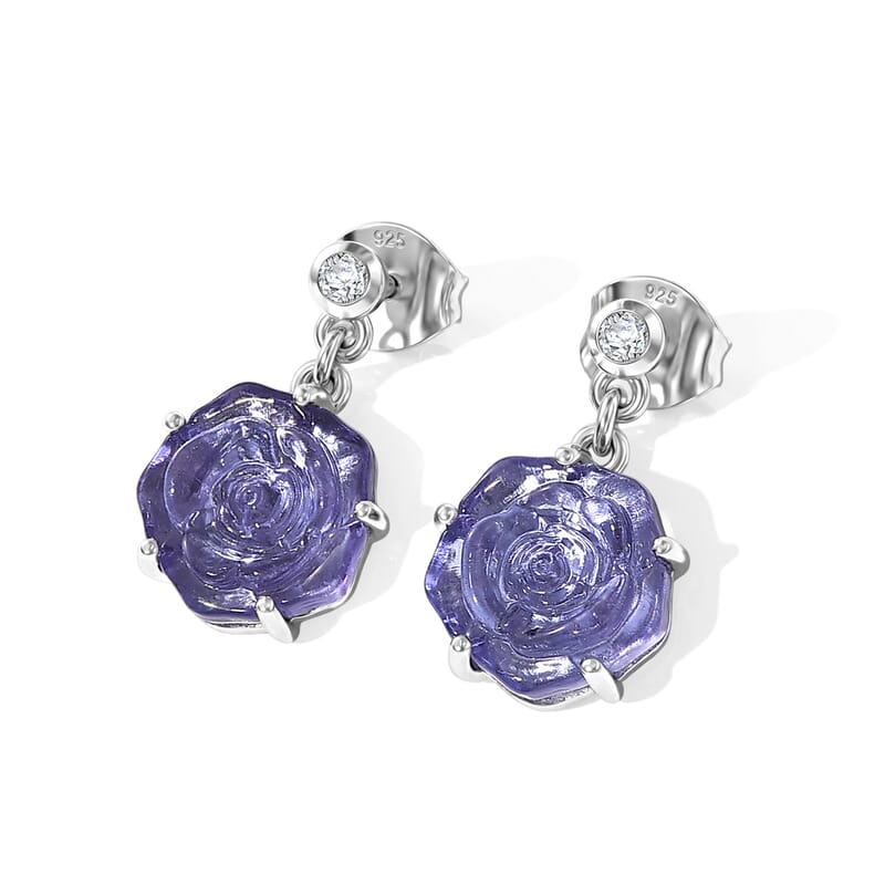 GP Purple Murano Style and White Zircon 0.15 ctw Earrings in Rhodium Over Sterling Silver