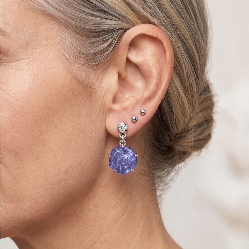 GP Purple Murano Style and White Zircon 0.15 ctw Earrings in Rhodium Over Sterling Silver