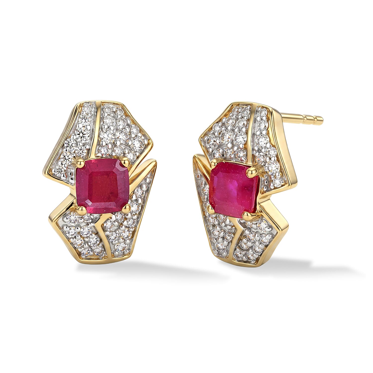 GP Amore Collection Premium Niassa Ruby (FF) and White Zircon 2.70 ctw Earrings in 18K Vermeil Yellow Gold Over Sterling Silver