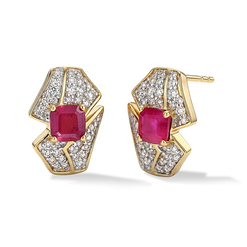 GP Amore Collection Premium Niassa Ruby (FF) and White Zircon 2.70 ctw Earrings in 18K Vermeil Yellow Gold Over Sterling Silver