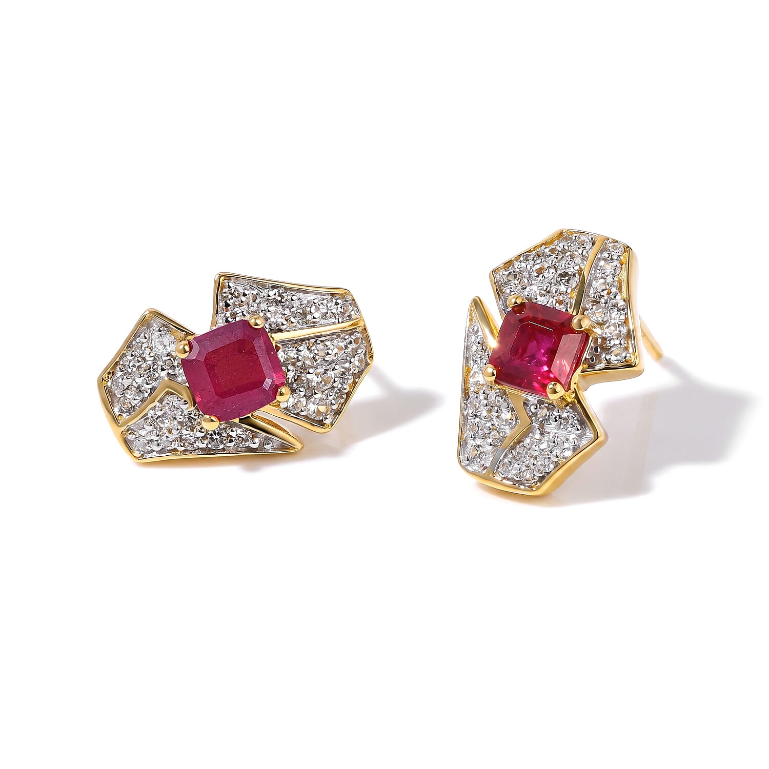GP Amore Collection Premium Niassa Ruby (FF) and White Zircon 2.70 ctw Earrings in 18K Vermeil Yellow Gold Over Sterling Silver