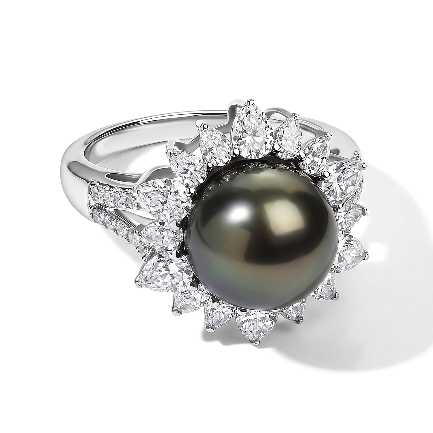D'Joy Tahitian Pearl 10.5mm, Moissanite Sunburst Ring in Rhodium Over Sterling Silver (Size 10.0) 1.60 ctw