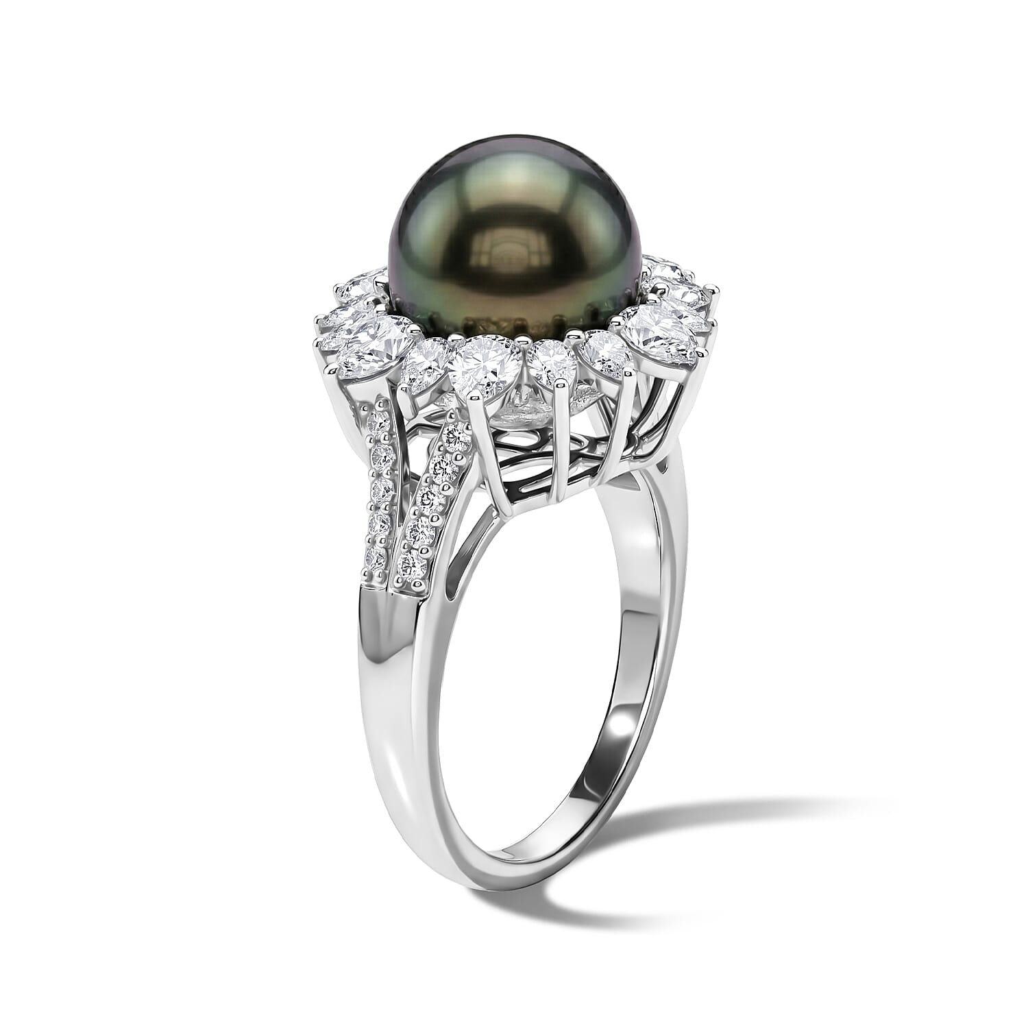D'Joy Premium Tahitian Pearl and Moissanite 1.60 ctw Sunburst Ring in Rhodium Over Sterling Silver (Size 5.0)