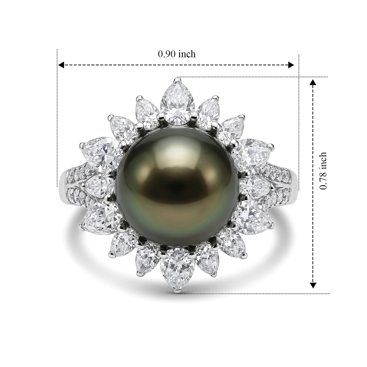 D'Joy Premium Tahitian Pearl and Moissanite 1.60 ctw Sunburst Ring in Rhodium Over Sterling Silver (Size 5.0)