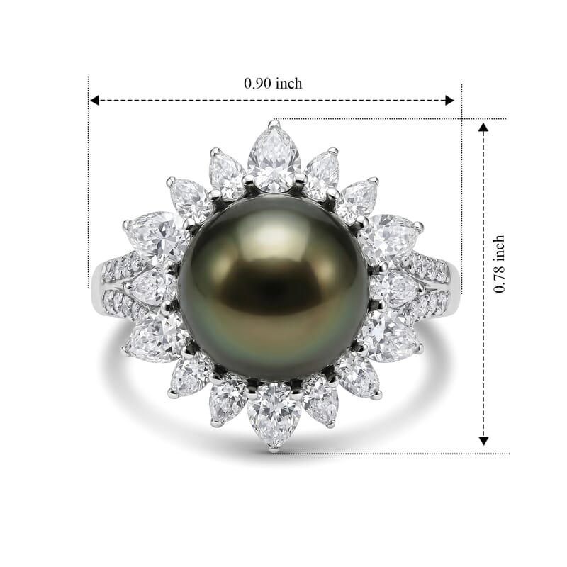 D'Joy Premium Tahitian Pearl and Moissanite 1.60 ctw Sunburst Ring in Rhodium Over Sterling Silver (Size 5.0)