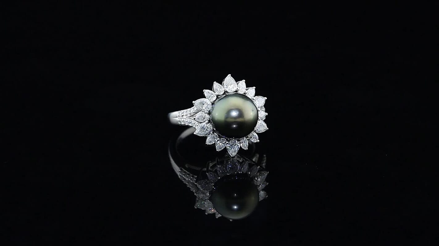 D'Joy Tahitian Pearl 10.5mm, Moissanite Sunburst Ring in Rhodium Over Sterling Silver (Size 10.0) 1.60 ctw