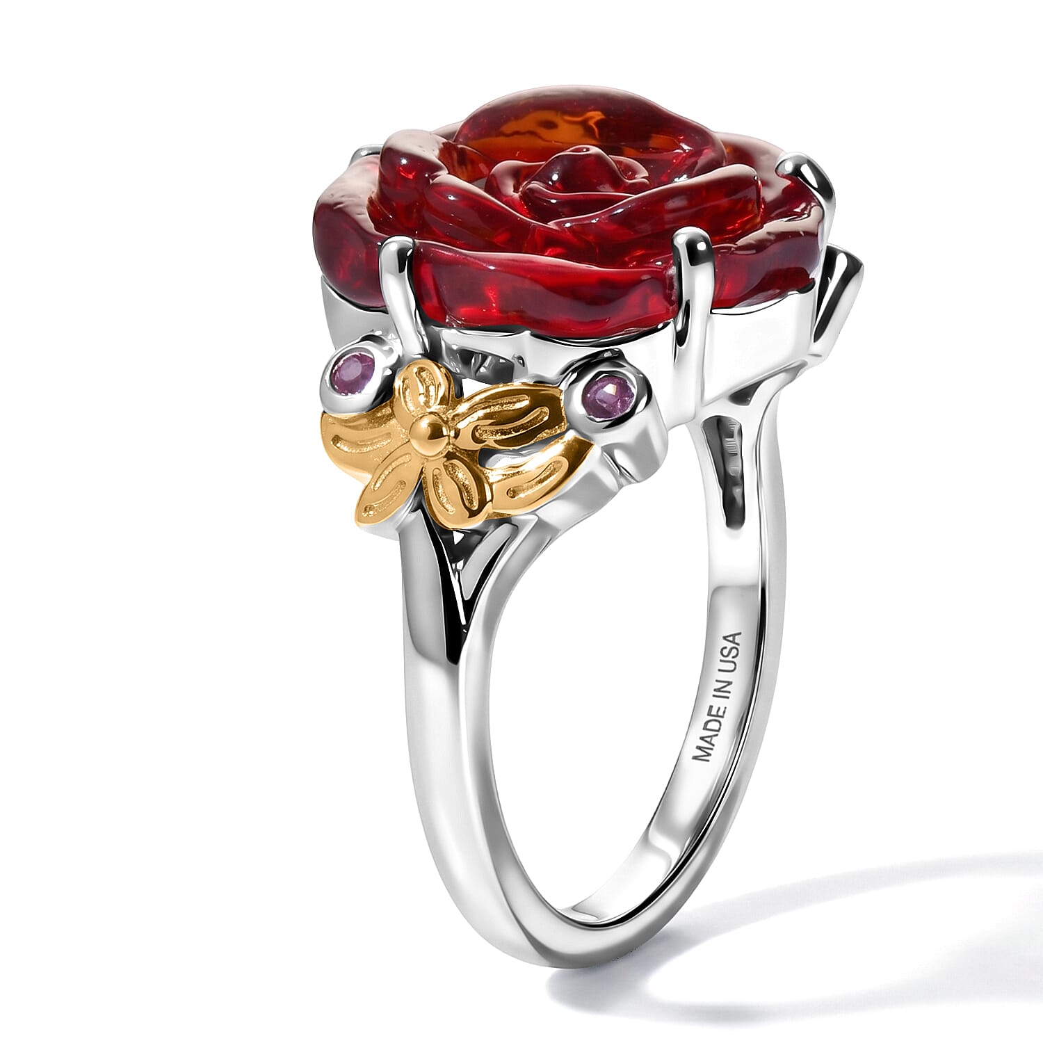 GP Red Murano Style and Madagascar Pink Sapphire 0.15 ctw Ring in 18K Vermeil YG and Rhodium Over Sterling Silver (Size 6.0)