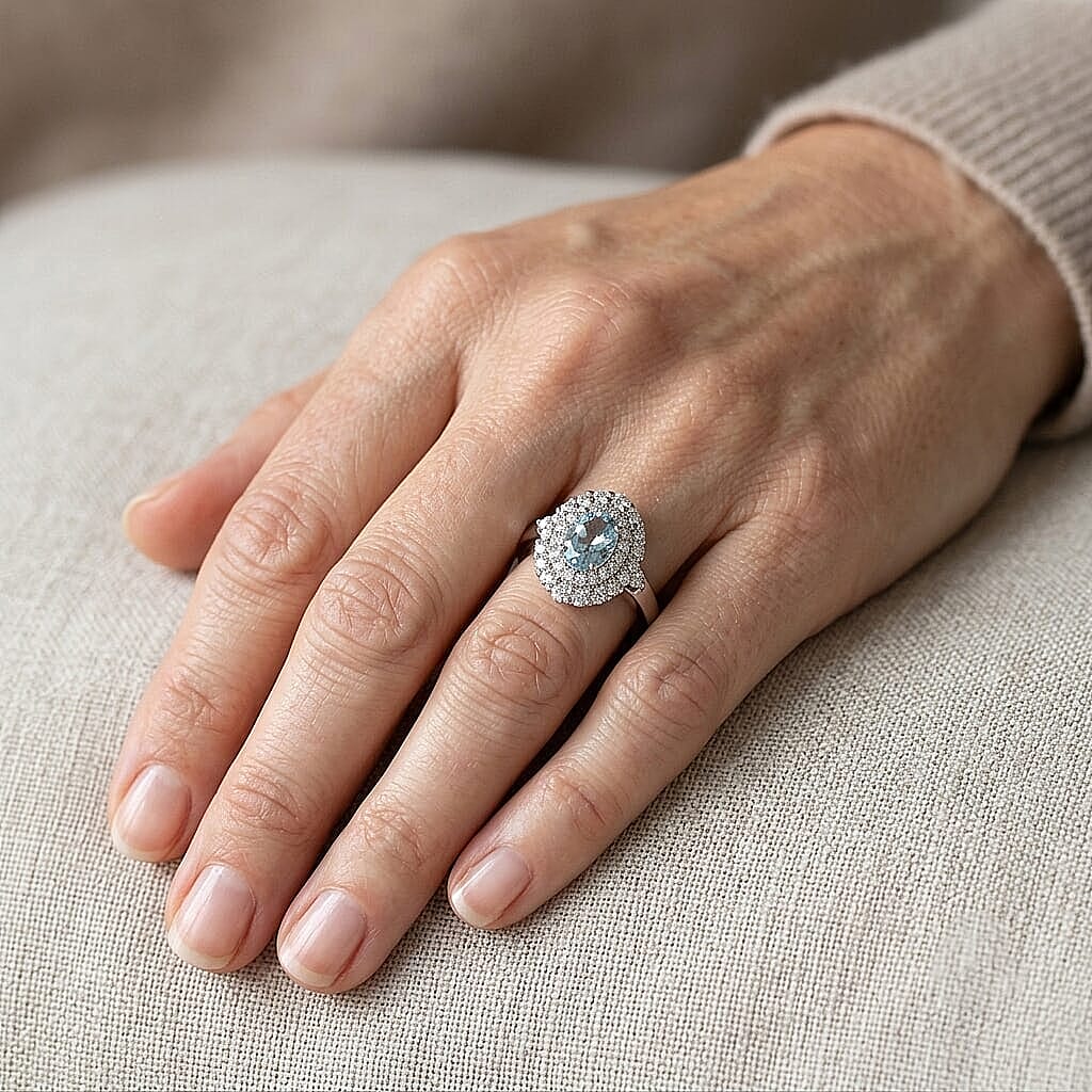 Certified & Appraised D'Joy Premium Santa Maria Aquamarine and Moissanite 1.35 ctw Ring in Rhodium Over Sterling Silver (Size  5.0)