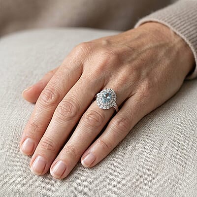 Certified & Appraised D'Joy Premium Santa Maria Aquamarine and Moissanite 1.35 ctw Ring in Rhodium Over Sterling Silver (Size  5.0)