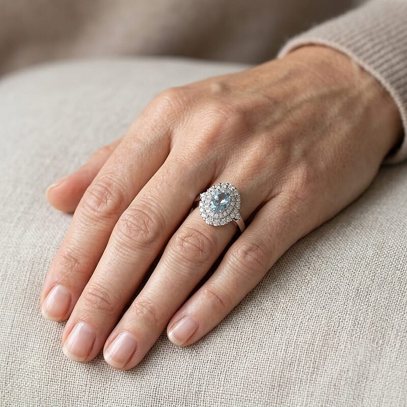 Certified & Appraised D'Joy Premium Santa Maria Aquamarine and Moissanite 1.35 ctw Ring in Rhodium Over Sterling Silver (Size  5.0)