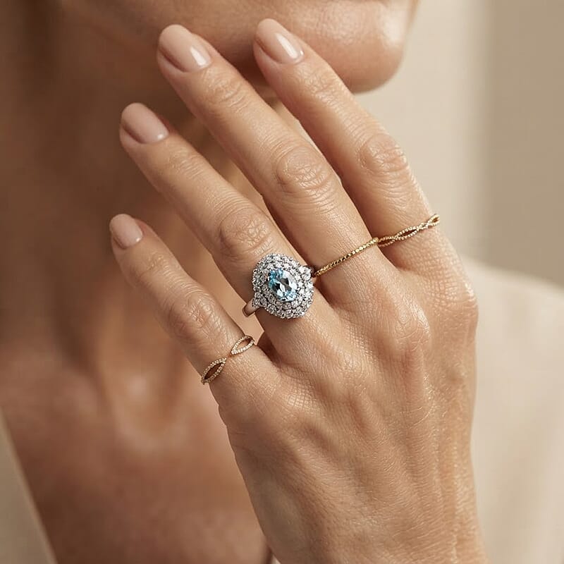 Certified & Appraised D'Joy Premium Santamaria Aquamarine and Moissanite 1.35 ctw Ring in Rhodium Over Sterling Silver (Size 6.0)