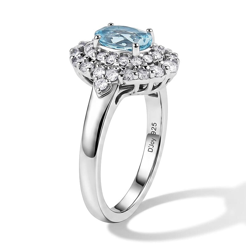 Certified & Appraised D'Joy Premium Santamaria Aquamarine and Moissanite 1.35 ctw Ring in Rhodium Over Sterling Silver (Size 6.0)