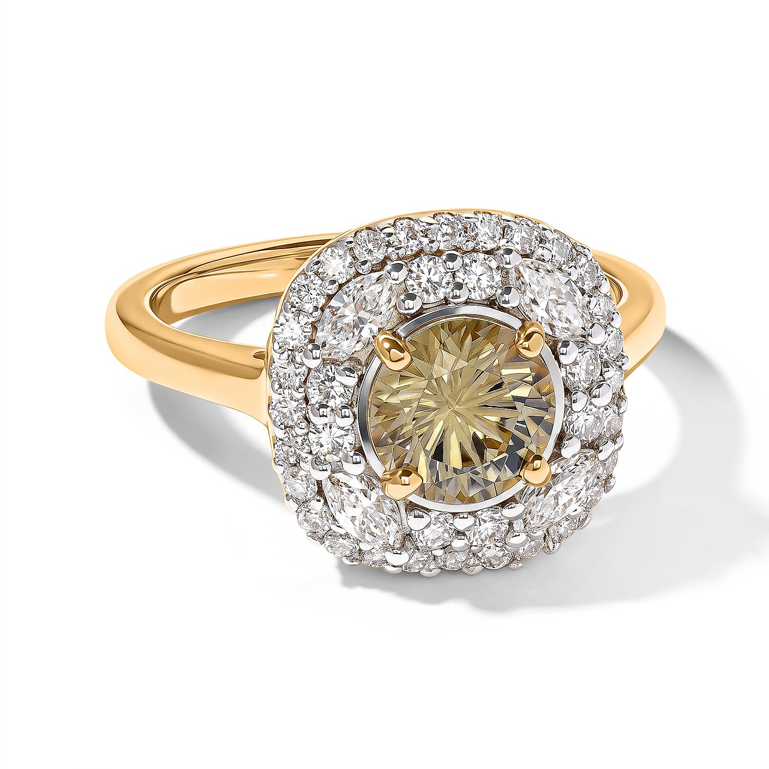 D'Joy Hanabi Cut Premium Turkizite and Moissanite 1.85 ctw Ring in 18K Vermeil Yellow Gold Over Sterling Silver (Size 7.0)
