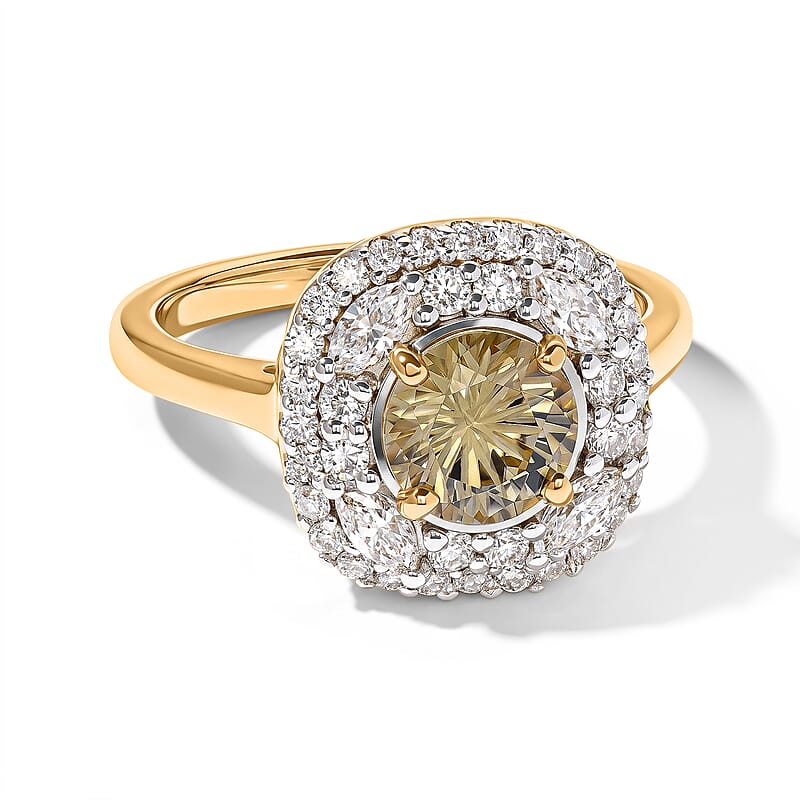 D'Joy Hanabi Cut Premium Turkizite and Moissanite 1.85 ctw Ring in 18K Vermeil Yellow Gold Over Sterling Silver (Size 7.0)