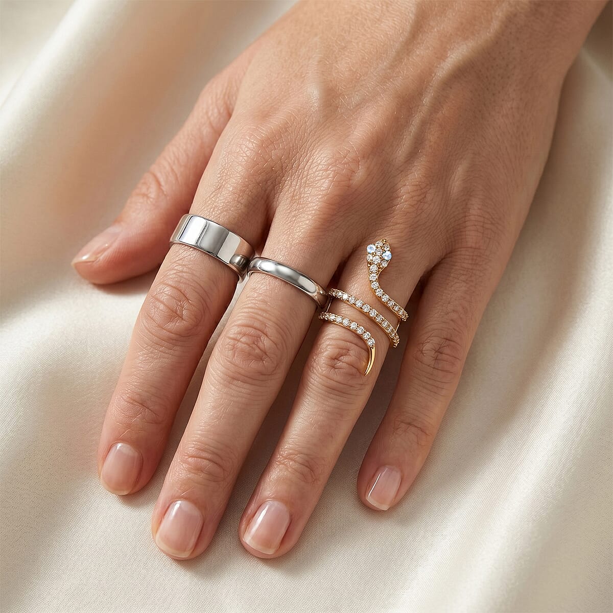 White Moonstone and Simulated Diamond 2.50 ctw Snake Ring in 14K Yellow Gold Over Sterling Silver (Size 7.5) image number 2