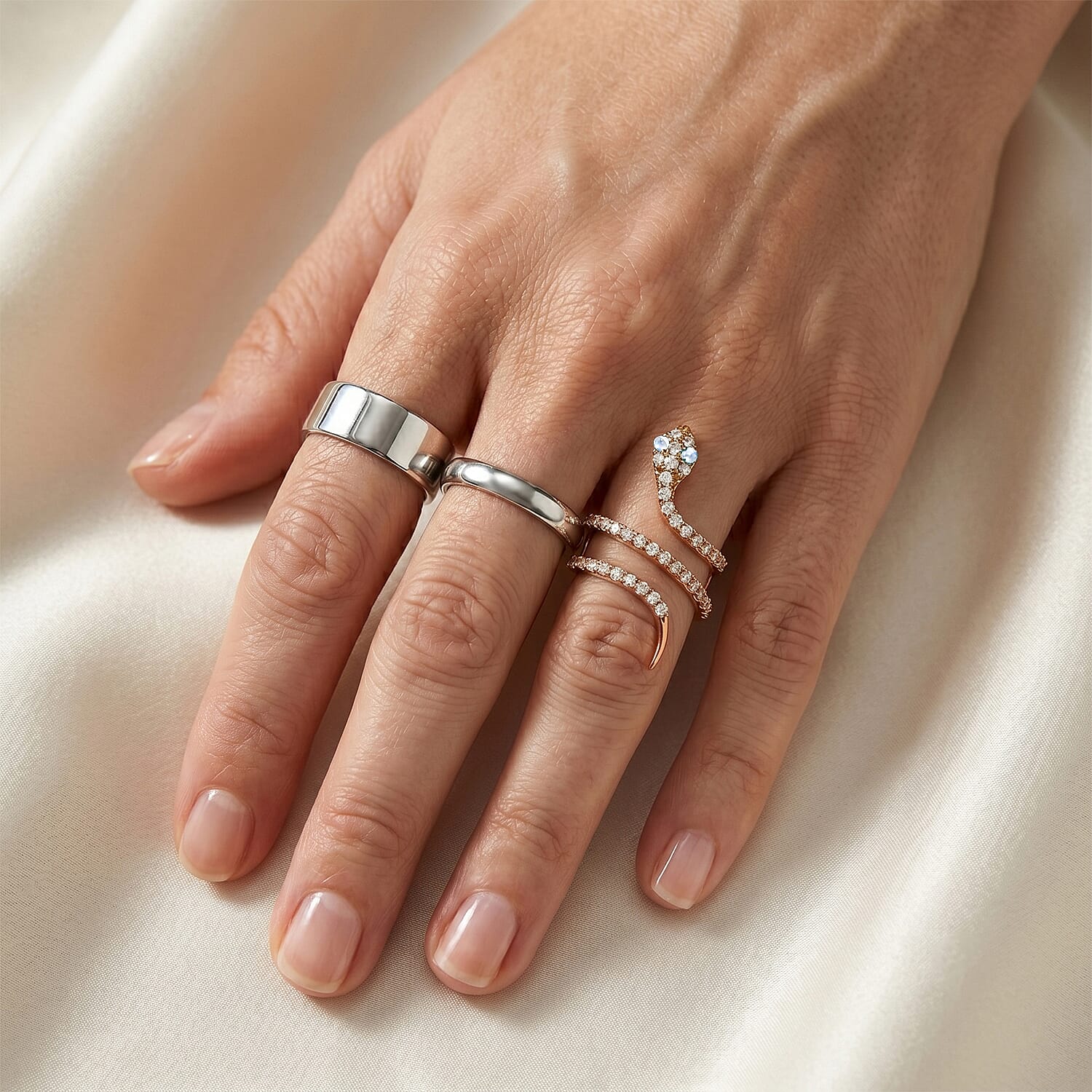 White Moonstone and Simulated Diamond 2.50 ctw Snake Ring in 14K Rose Gold Over Sterling Silver (Size 7.0)