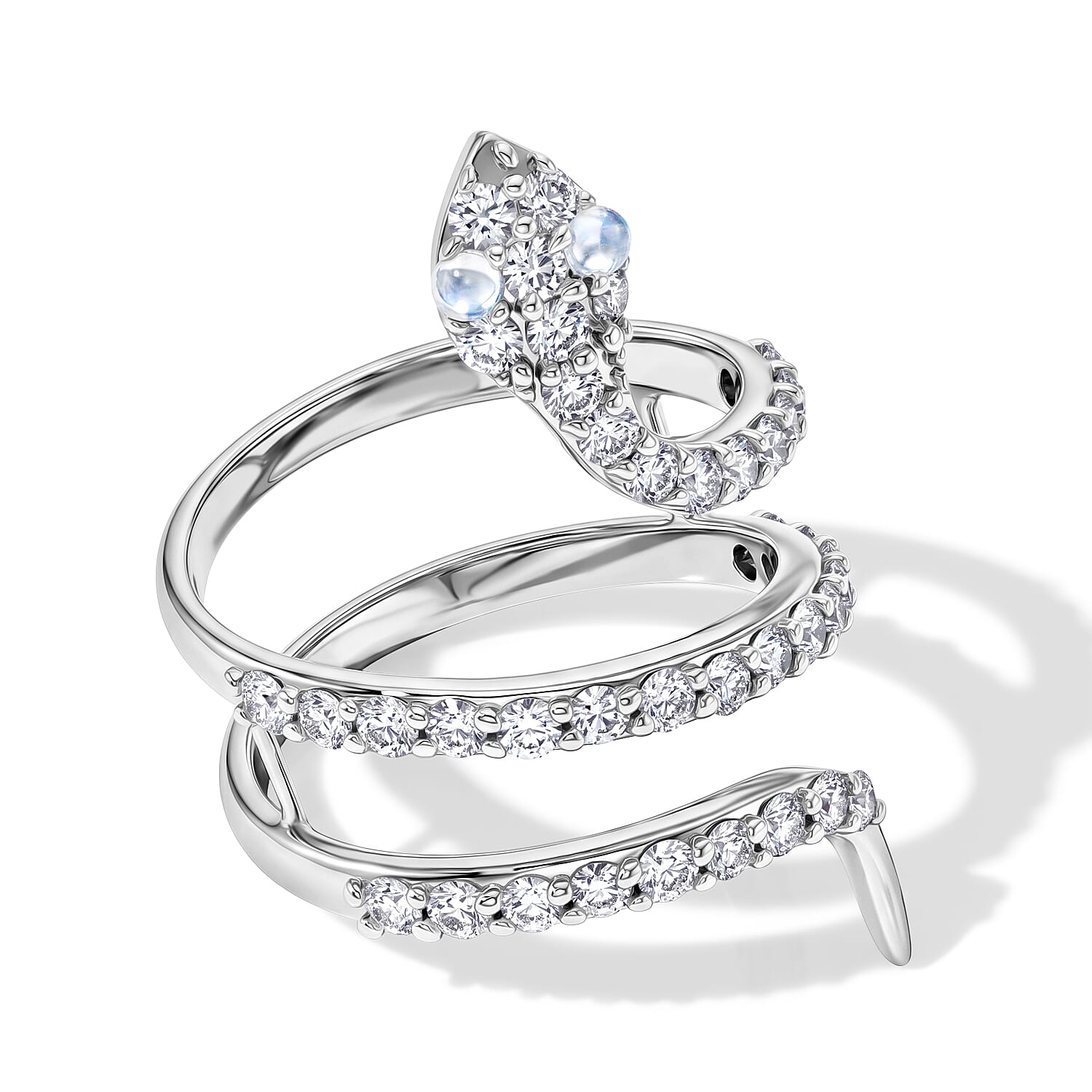 White Moonstone and Simulated Diamond 2.50 ctw Snake Ring in Sterling Silver (Size 6.5)