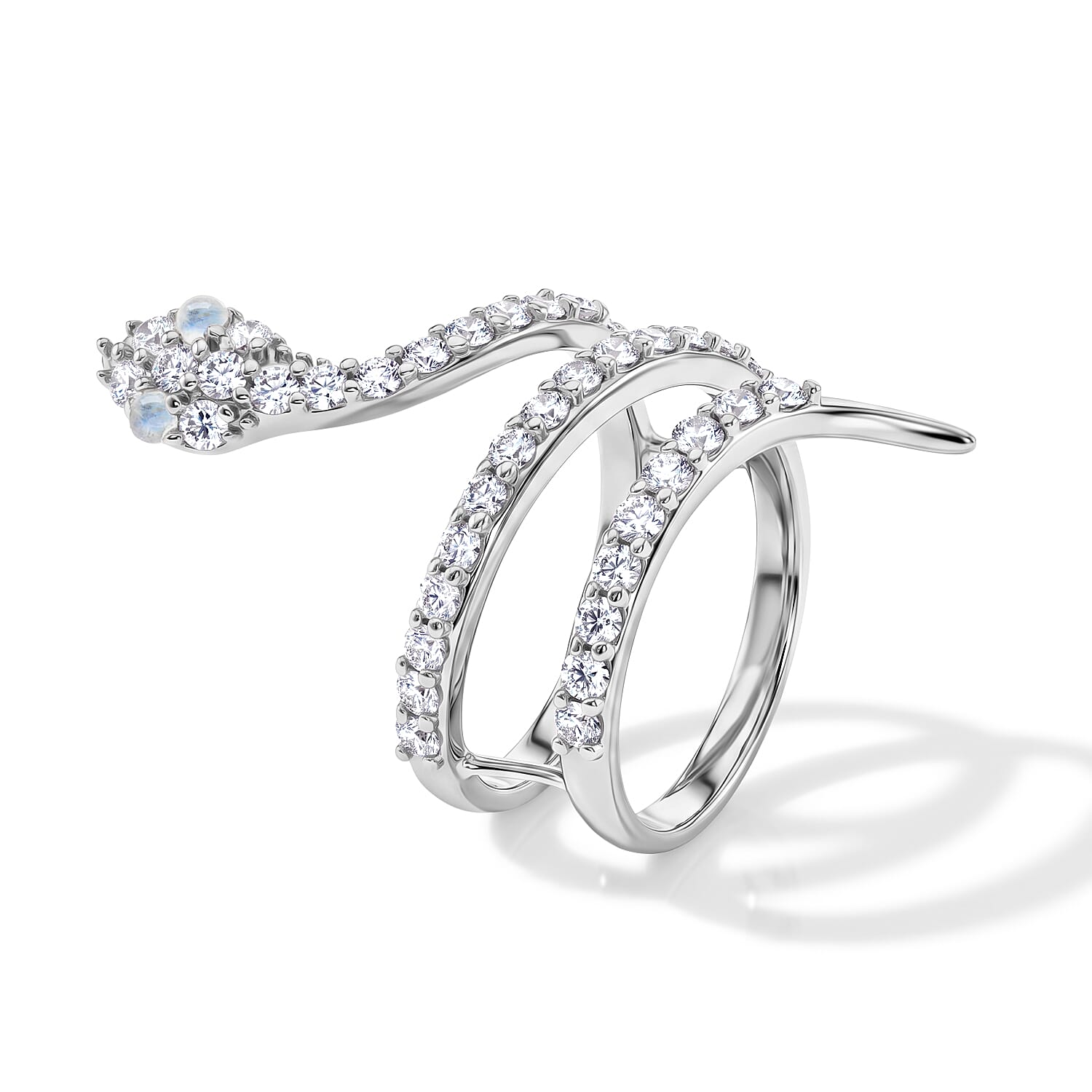 White Moonstone and Simulated Diamond 2.50 ctw Snake Ring in Sterling Silver (Size 6.5)