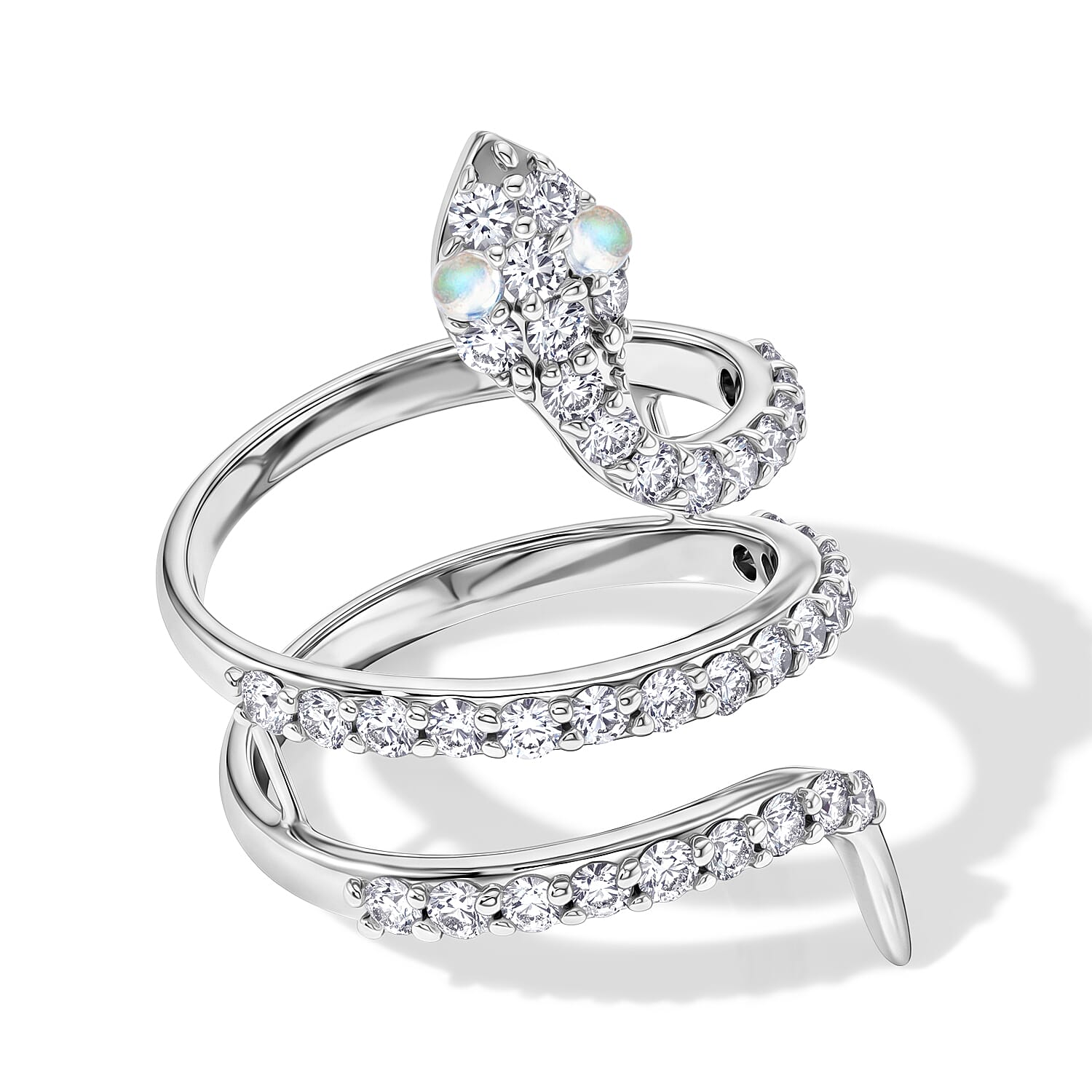 White Moonstone and Simulated Diamond 2.50 ctw Snake Ring in Sterling Silver (Size 7.0)