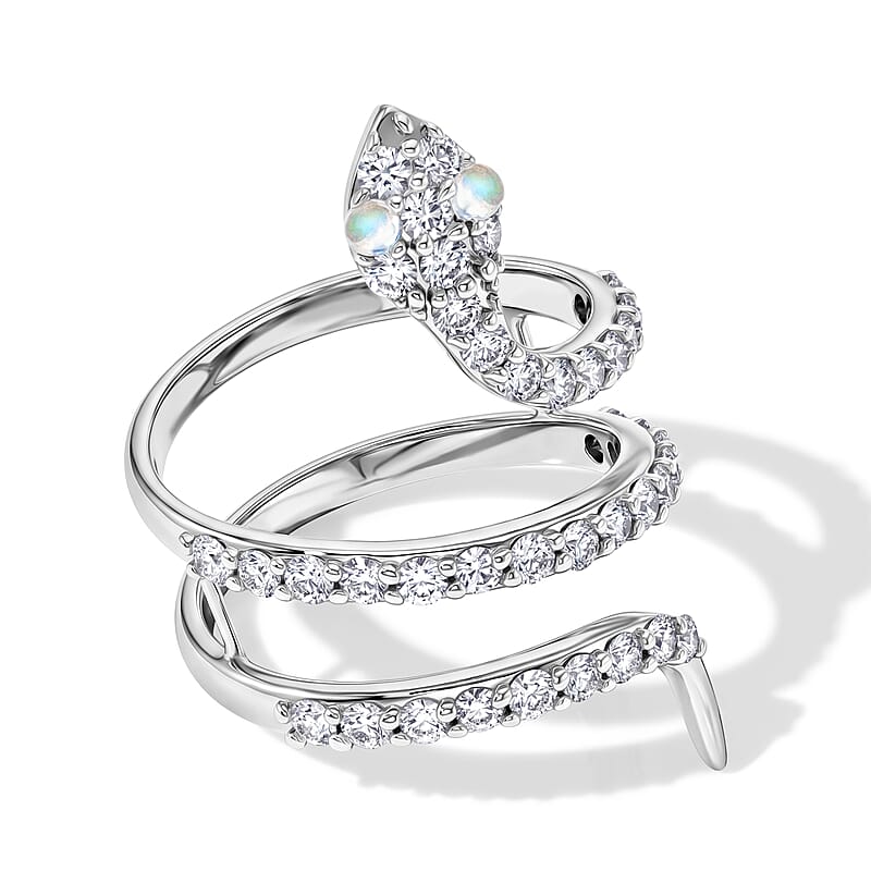 White Moonstone and Simulated Diamond 2.50 ctw Snake Ring in Sterling Silver (Size 7.0)