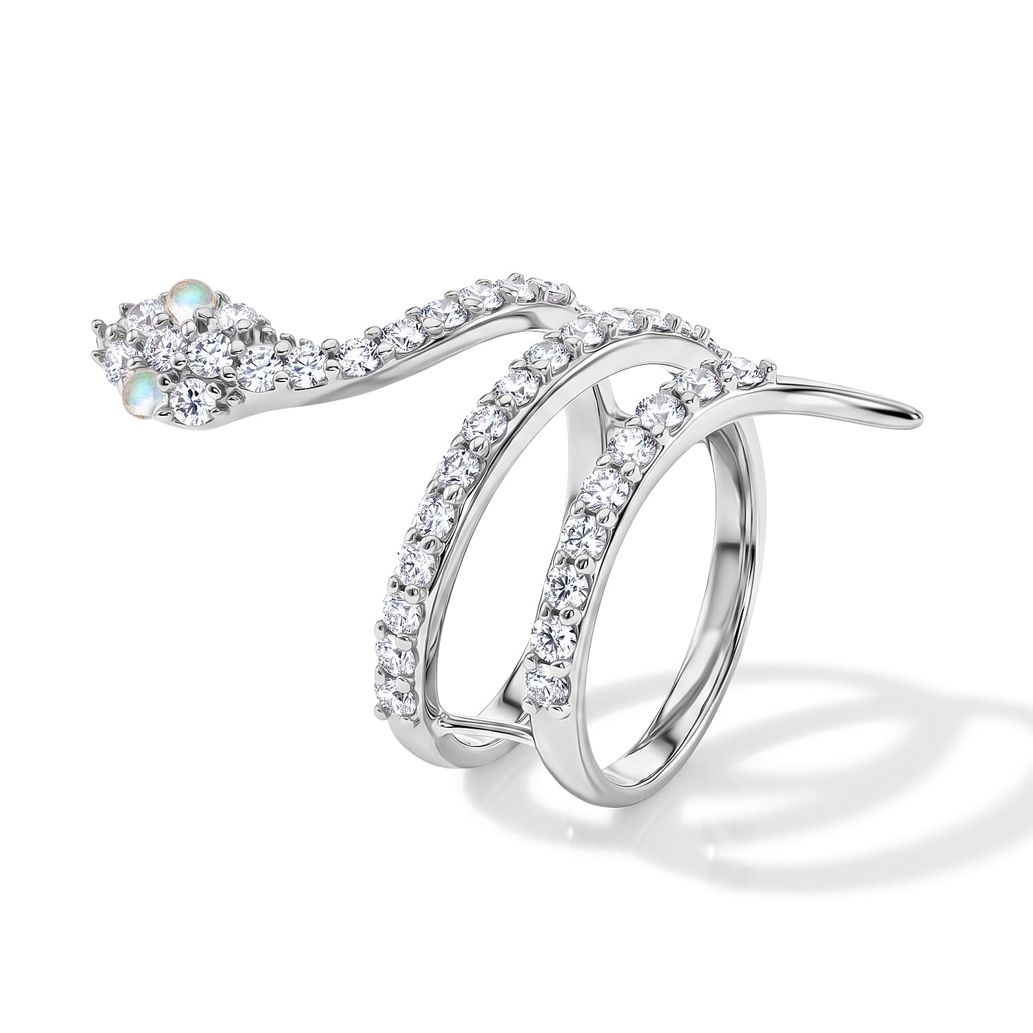 White Moonstone and Simulated Diamond 2.50 ctw Snake Ring in Sterling Silver (Size 7.0)