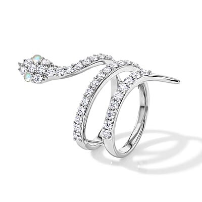 White Moonstone and Simulated Diamond 2.50 ctw Snake Ring in Sterling Silver (Size 7.0)