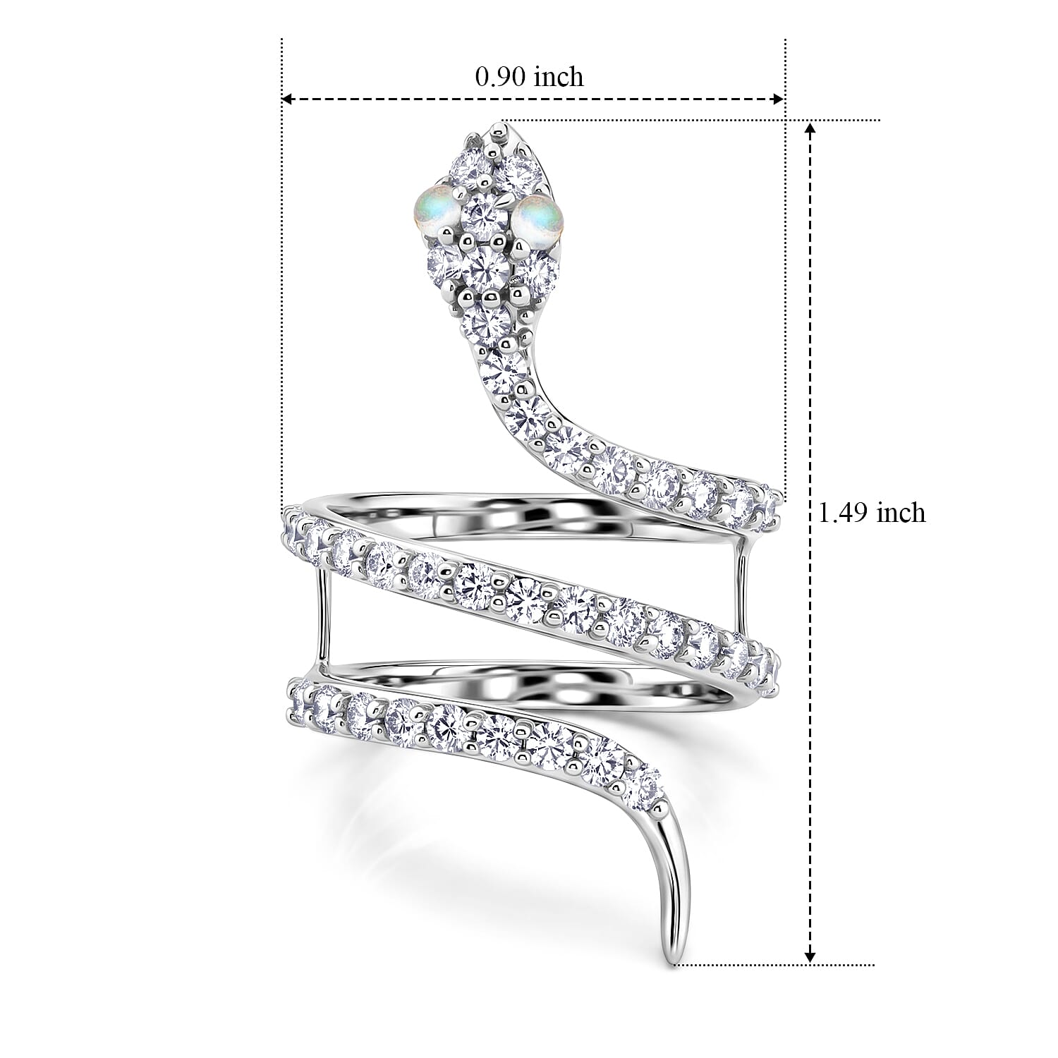 White Moonstone and Simulated Diamond 2.50 ctw Snake Ring in Sterling Silver (Size 7.0)