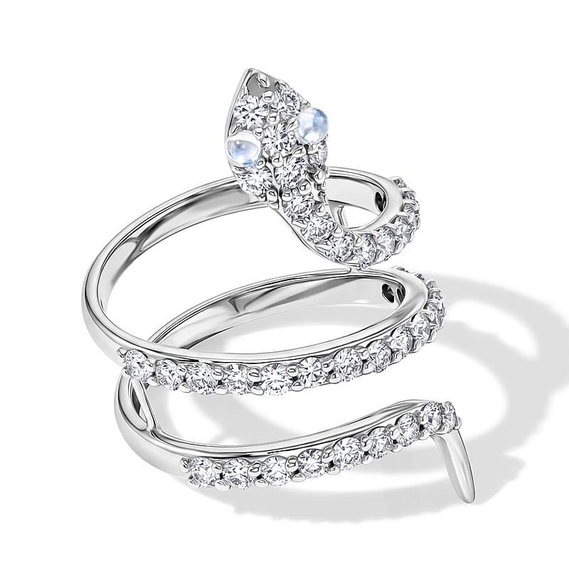 White Moonstone and Simulated Diamond 2.50 ctw Snake Ring in Sterling Silver (Size 7.5)
