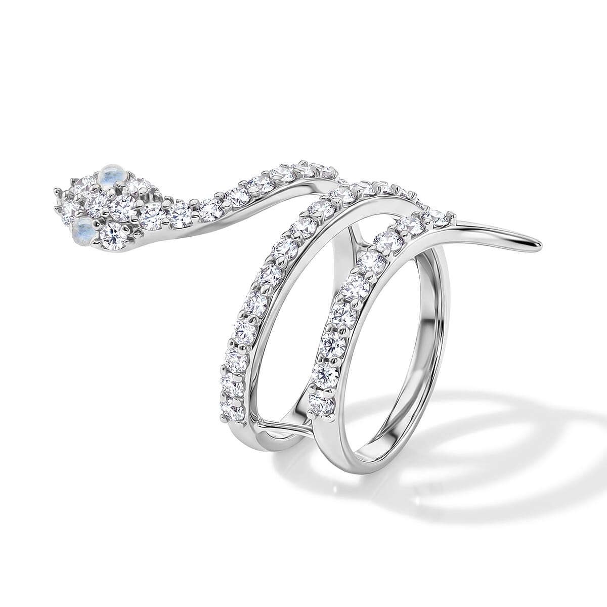White Moonstone and Simulated Diamond 2.50 ctw Snake Ring in Sterling Silver (Size 7.5) image number 3