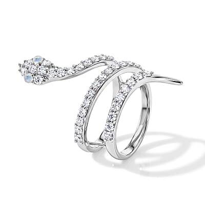 White Moonstone and Simulated Diamond 2.50 ctw Snake Ring in Sterling Silver (Size 7.5)