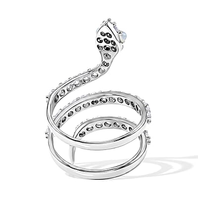 White Moonstone and Simulated Diamond 2.50 ctw Snake Ring in Sterling Silver (Size 7.5)