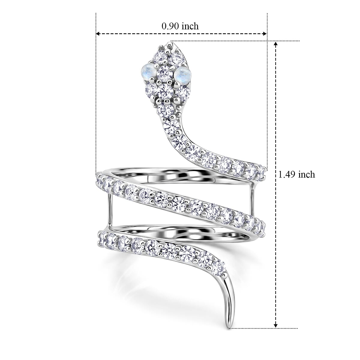 White Moonstone and Simulated Diamond 2.50 ctw Snake Ring in Sterling Silver (Size 8.5) image number 5