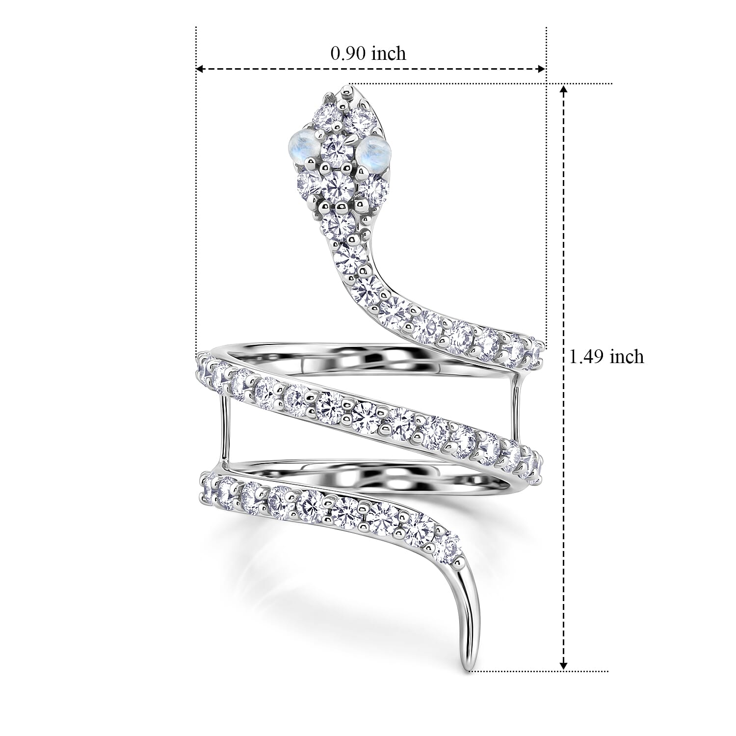 White Moonstone and Simulated Diamond 2.50 ctw Snake Ring in Sterling Silver (Size 9.0)