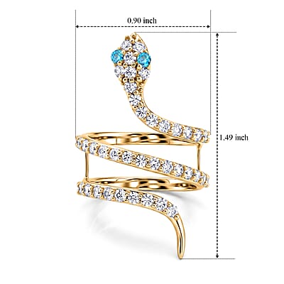 Simulated Blue and White Diamond Snake Ring in 14K Yellow Gold Over Sterling Silver (Size 7.0)