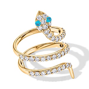 Simulated Blue and White Diamond Snake Ring in 14K Yellow Gold Over Sterling Silver (Size 7.5)