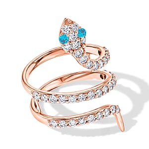 Simulated Blue and White Diamond Snake Ring in 14K Rose Gold Over Sterling Silver (Size 7.0)