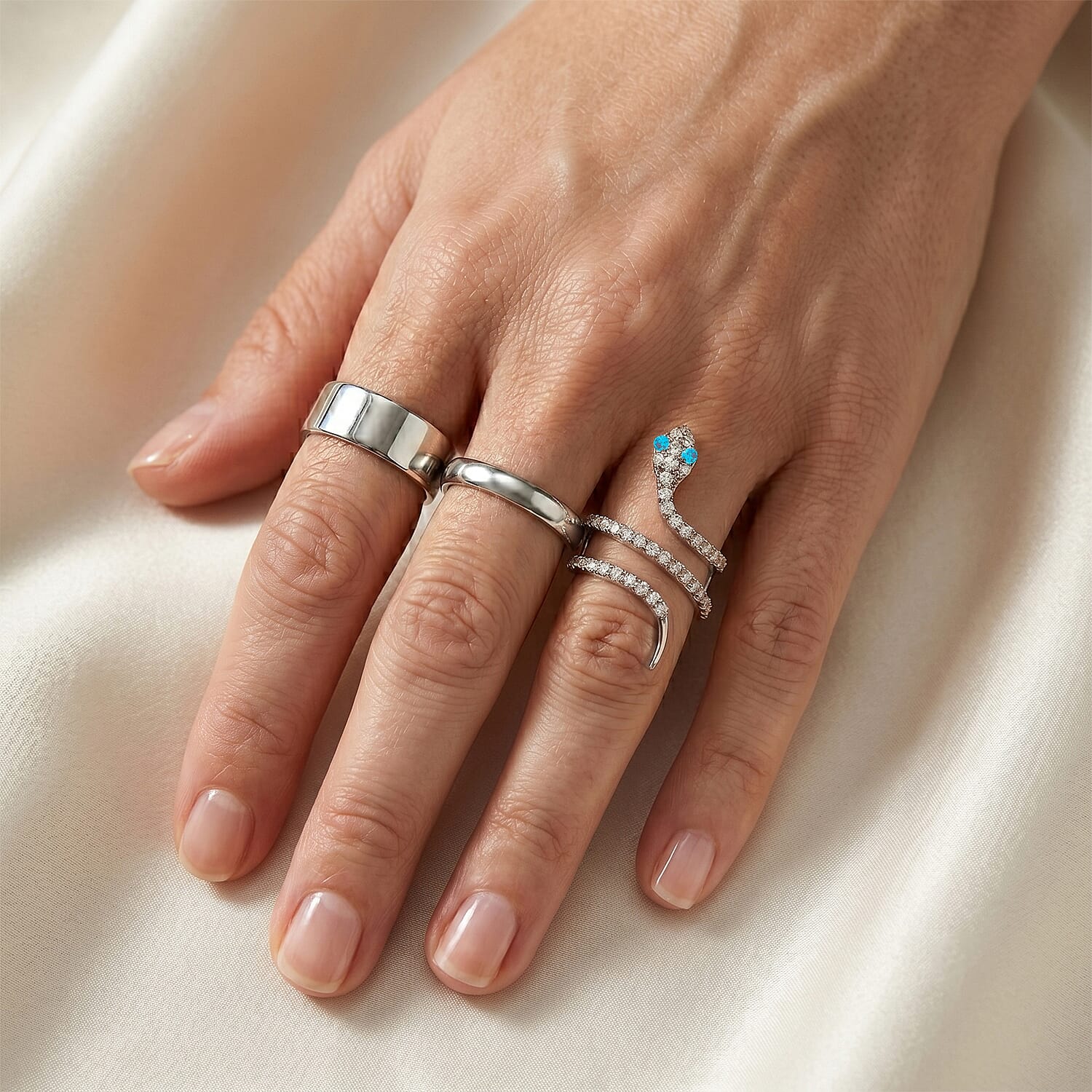 Simulated Blue and White Diamond Snake Ring in Sterling Silver (Size 7.5)