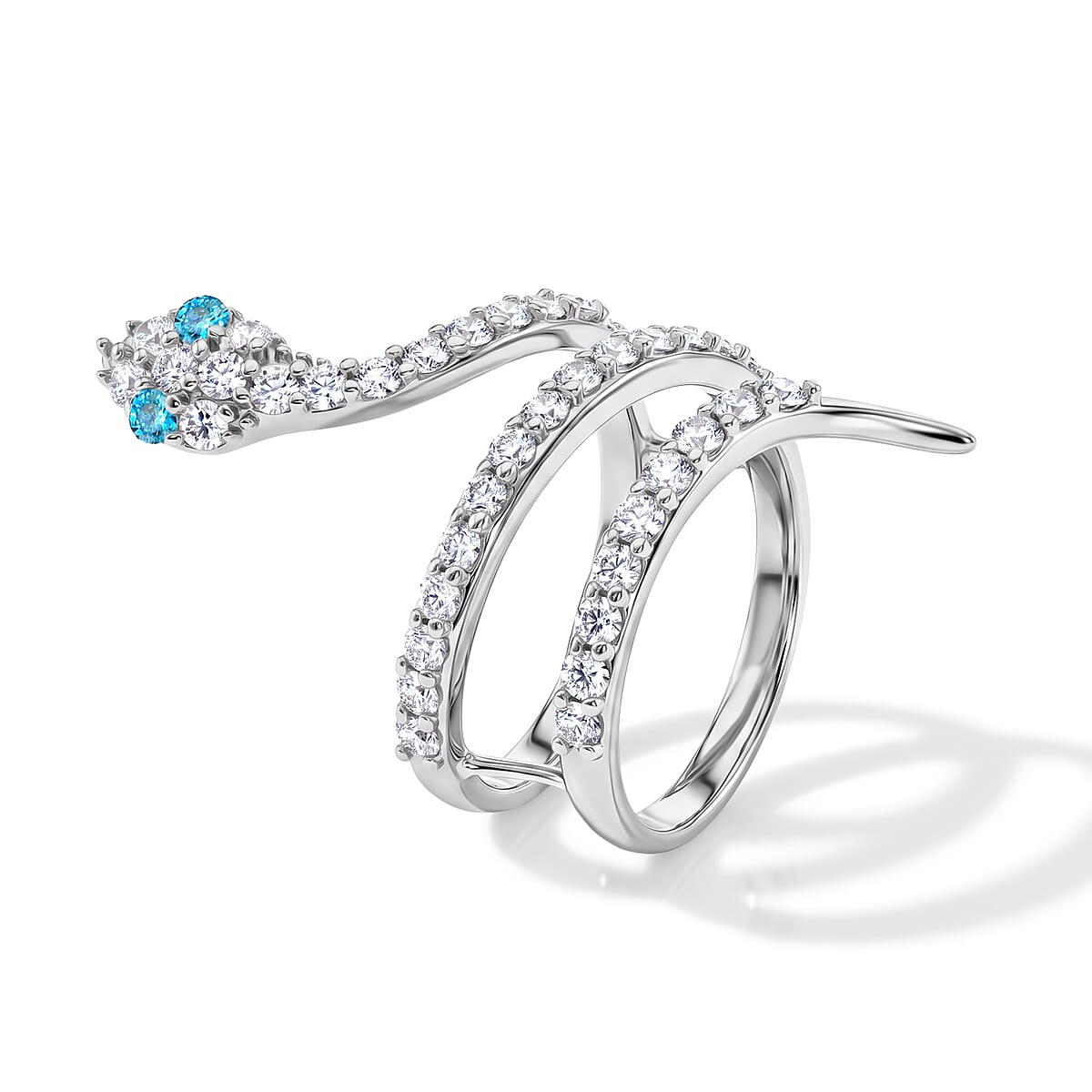Simulated Blue and White Diamond Snake Ring in Sterling Silver (Size 8.0) image number 3
