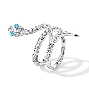 Simulated Blue and White Diamond Snake Ring in Sterling Silver (Size 8.0)