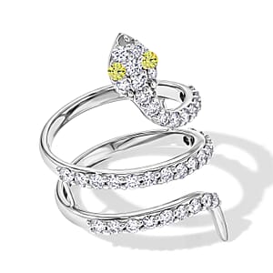 Simulated Green and White Diamond Snake Ring in Sterling Silver (Size 7.0)