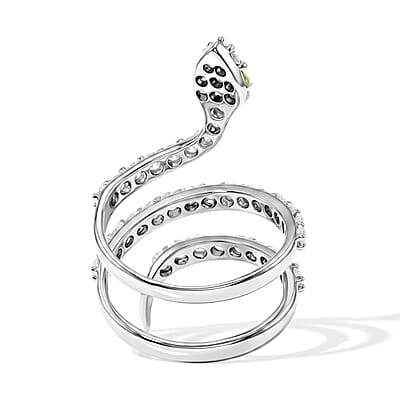 Simulated Green and White Diamond Snake Ring in Sterling Silver (Size 7.0)