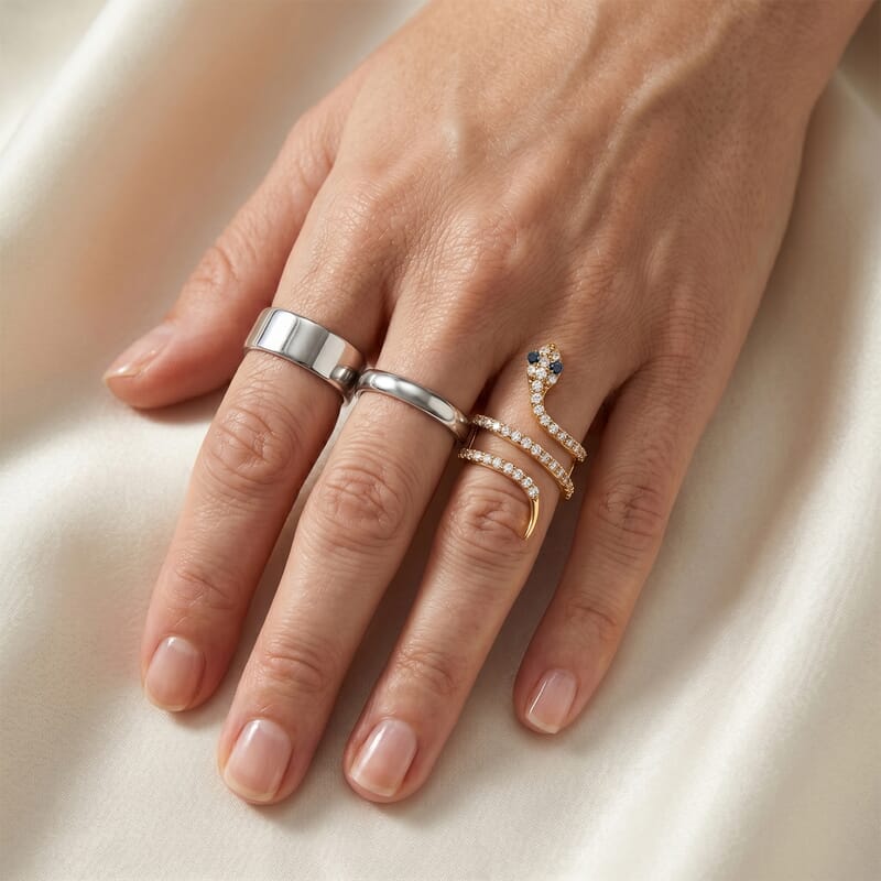 Simulated Black and White Diamond Snake Ring in 14K Yellow Gold Over Sterling Silver (Size 8.5)