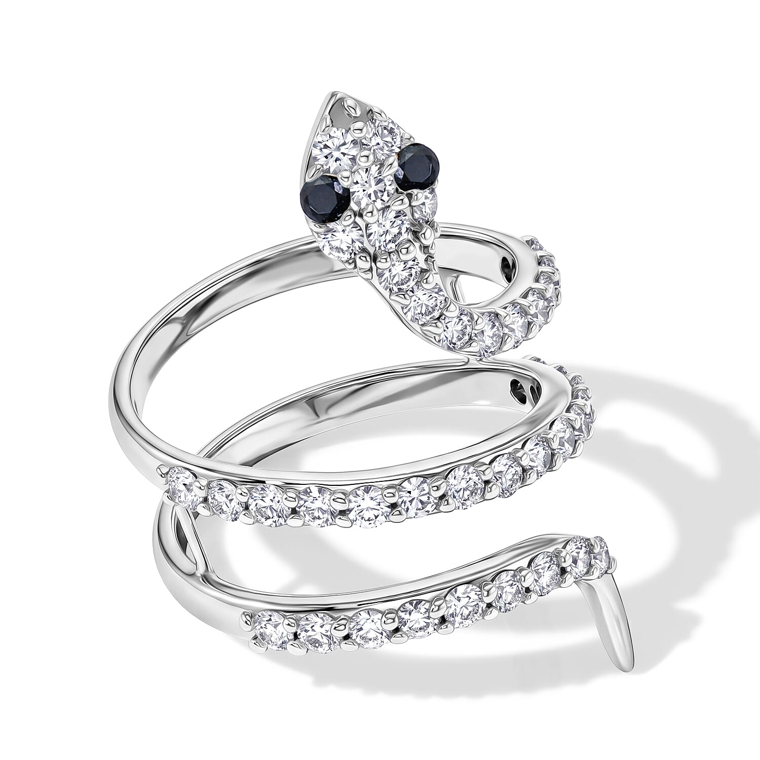 Simulated Black and White Diamond Snake Ring in Sterling Silver (Size 6.0)