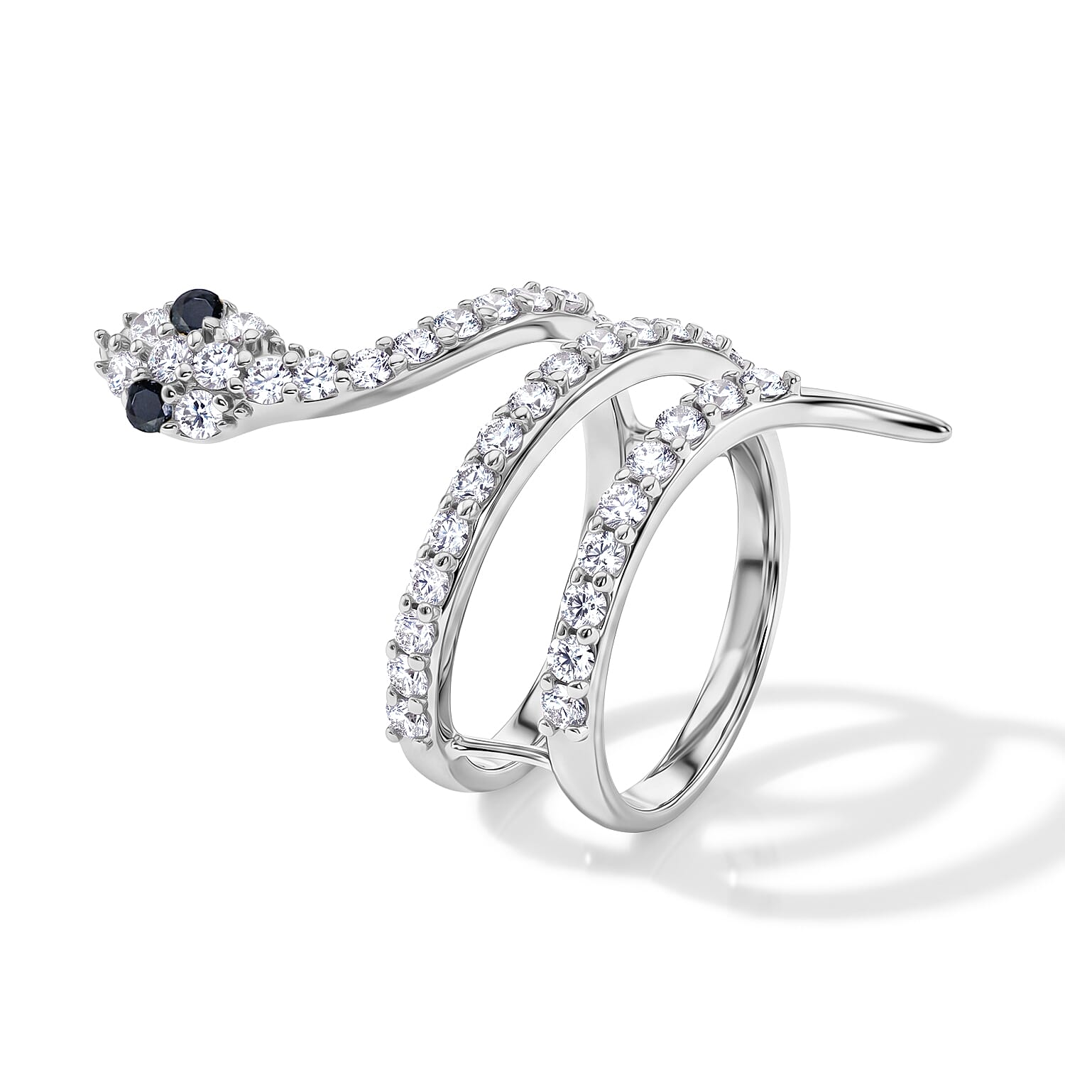 Simulated Black and White Diamond Snake Ring in Sterling Silver (Size 6.5)