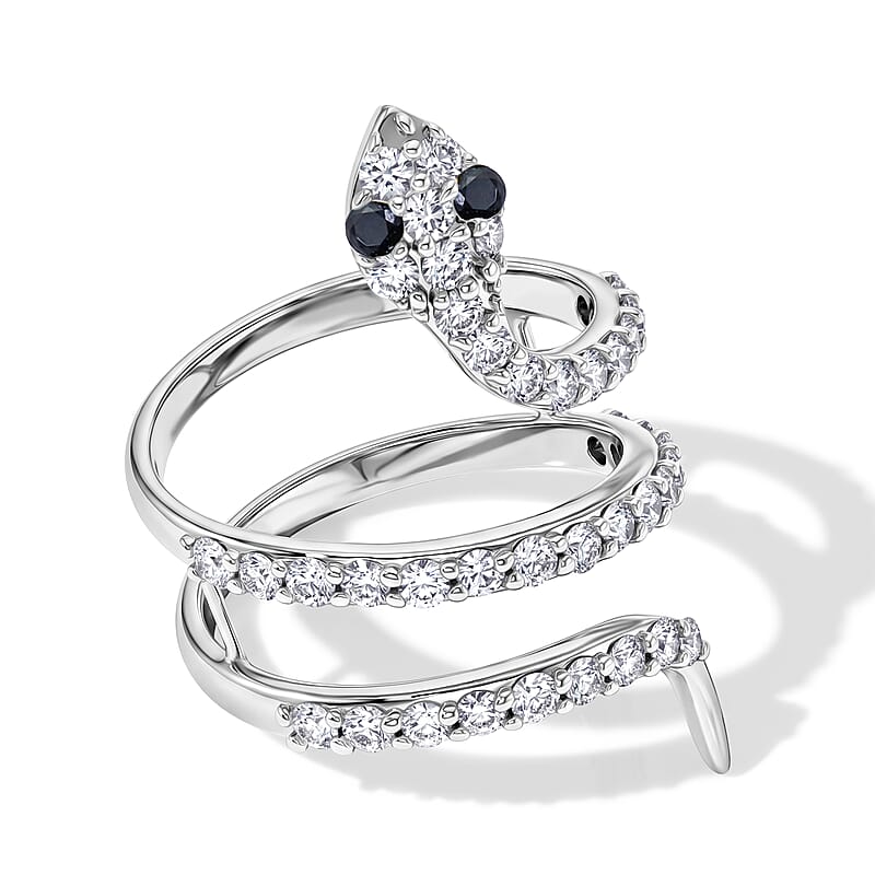 Simulated Black and White Diamond Snake Ring in Sterling Silver (Size 7.5)