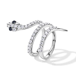 Simulated Black and White Diamond Snake Ring in Sterling Silver (Size 7.5)