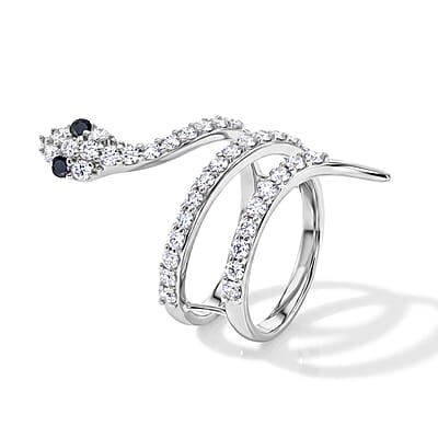 Simulated Black and White Diamond Snake Ring in Sterling Silver (Size 7.5)