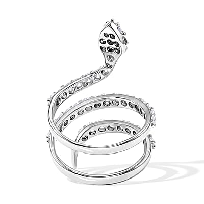 Simulated Black and White Diamond Snake Ring in Sterling Silver (Size 7.5)